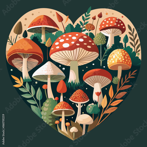 Vintage Forest Mushrooms Heart Illustration