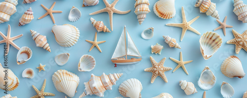 Seashells and starfish on light blue background. photo