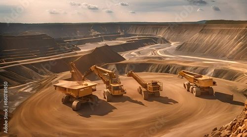 Timelapse video work of equipment on an open pit for gold mining