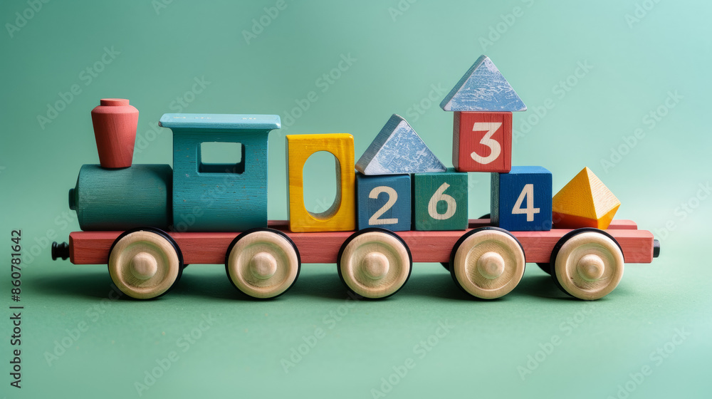 Colorful educational wooden toy train carrying blocks with numbers and geometric shapes on a soft green background. Perfect for concepts related to early childhood education and learning through play. Colorful educational wooden toy train carrying blocks with numbers and geometric shapes on a soft green background. Perfect for concepts related to early childhood education and learning through play.