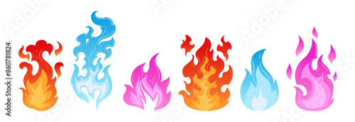 Colorful fire flames. Multicolored bonfire, burning fireballs and wildfire colored flames flat vector illustration set. Cartoon fire on white background