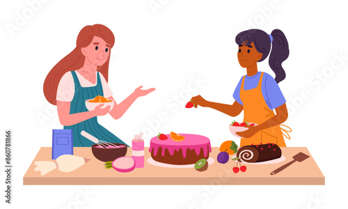 Cooking girls. Female characters preparing food at home, women cooking tasty dishes together flat vector illustration. Home cooking scene