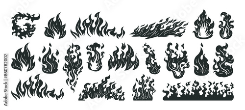 Fire flames silhouettes. Black burning flames, wildfire smoke and fire burning clouds silhouette vector illustrations set. Cartoon flames silhouettes on white