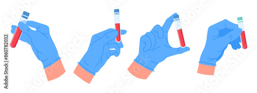 Lab worker hands holding blood samples. Medical doctors hands with blood test tubes flat vector illustration set. Blood test tubes in lab assistant hands