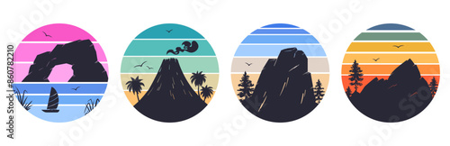 Nature gradient badges. Mountains 80s style badges, circle mountain sunrise grunge emblems flat vector illustration set. Sunset landscape stamps