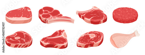 Raw meat products. Fresh beef steaks, burger patty and chicken leg, raw meat food flat vector illustration set. Butcher shop products