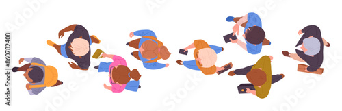 People walking one after another. Top view walking male and female characters, diverse people group view from above flat vector illustration set. Men and women walking top view