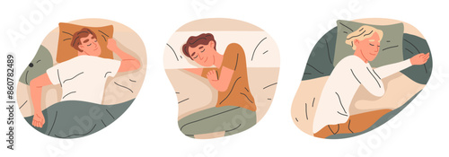 Sleeping male characters. Men sleep in beds under blankets, lying asleep guys flat vector illustration set. Males resting in beds