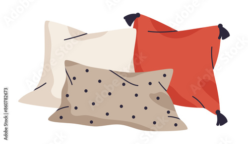 Textile pillows. Cozy home interior pillows, feather sofa cushions stack, soft pillows flat vector illustration. Hand drawn pillows