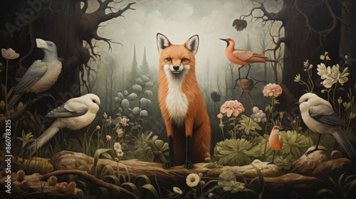 A surreal composition of a fox seated in an enchanted forest surrounded by a diverse array of birdlife, capturing the enchanting essence of nature and wildlife in harmony. photo