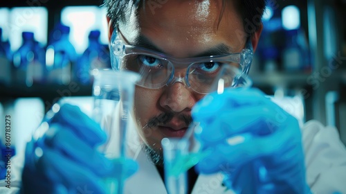 A lab technician carefully mixing chemicals in a test tube, representing the experimental aspect