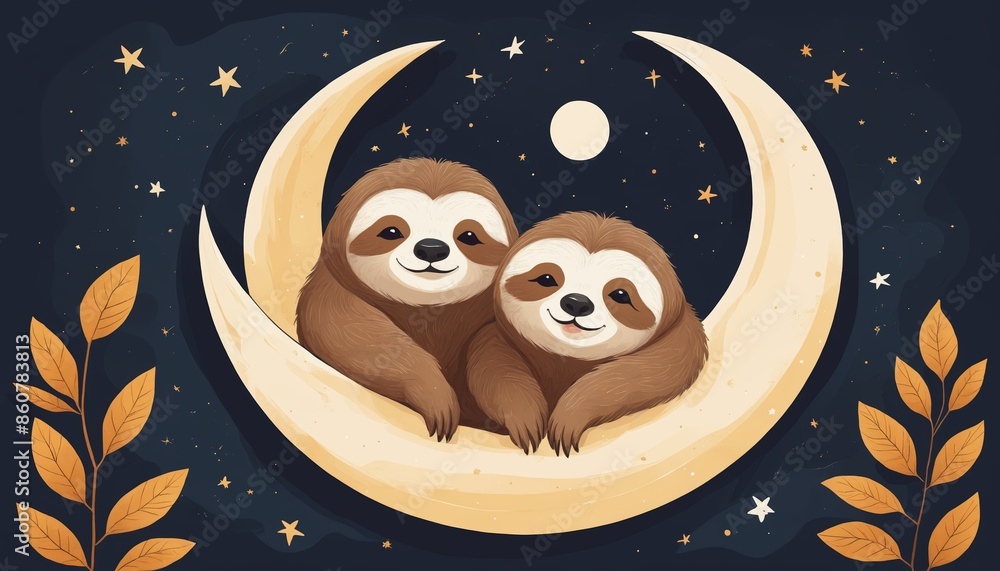Fototapeta premium Two adorable sloths snuggle on a crescent moon under a starry night sky