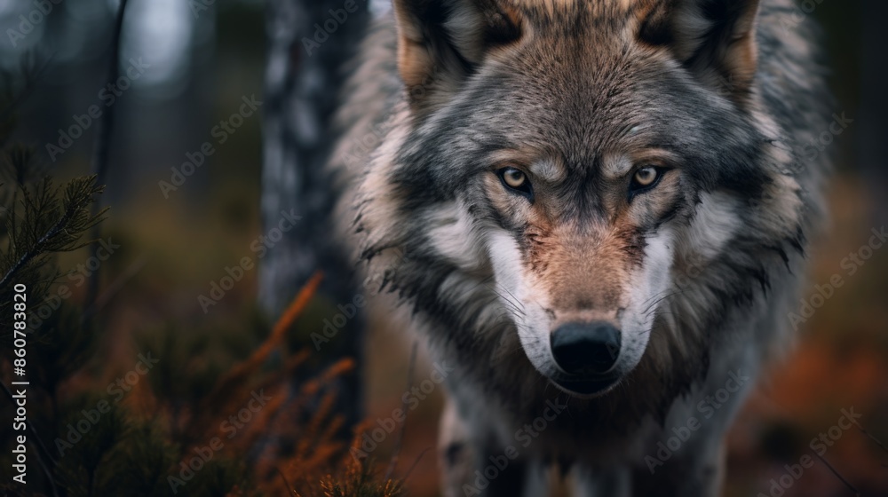 A majestic wolf intensely gazing, exhibiting vigilance and focus, captured in a dense forest setting, with a backdrop of autumn leaves and rugged wilderness. A majestic wolf intensely gazing, exhibiting vigilance and focus, captured in a dense forest setting, with a backdrop of autumn leaves and rugged wilderness.
