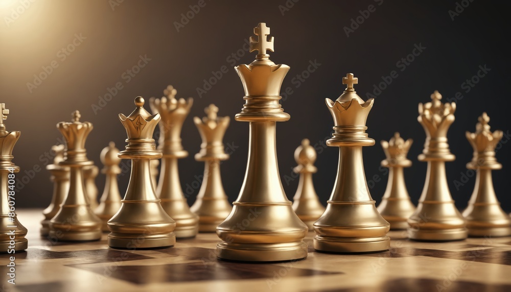 A golden tableau of chess pieces in strategic formation A golden tableau of chess pieces in strategic formation