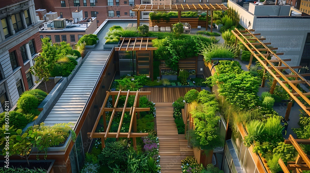 rooftop garden in an urban setting with wooden walkways and pergolas, providing residents with a green oasis amidst the concrete jungle rooftop garden in an urban setting with wooden walkways and pergolas, providing residents with a green oasis amidst the concrete jungle