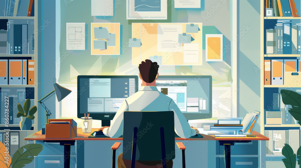 A businessman works diligently on his computer while sitting at his desk in an office setting. The vector image portrays a corporate worker's workspace, with the employee's back facing the viewer. A businessman works diligently on his computer while sitting at his desk in an office setting. The vector image portrays a corporate worker's workspace, with the employee's back facing the viewer.