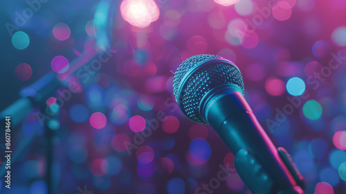 Close-up of a microphone on the stage. A microphone up close. Karaoke, nightclub, or bar. Music concert. Mike over a backdrop of colorful lights. Song, music concept, wide backdrop, border art design.