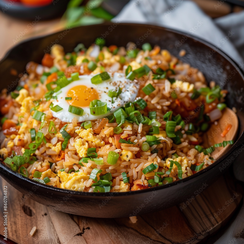 A bowl of rice with an egg and green onions A bowl of rice with an egg and green onions