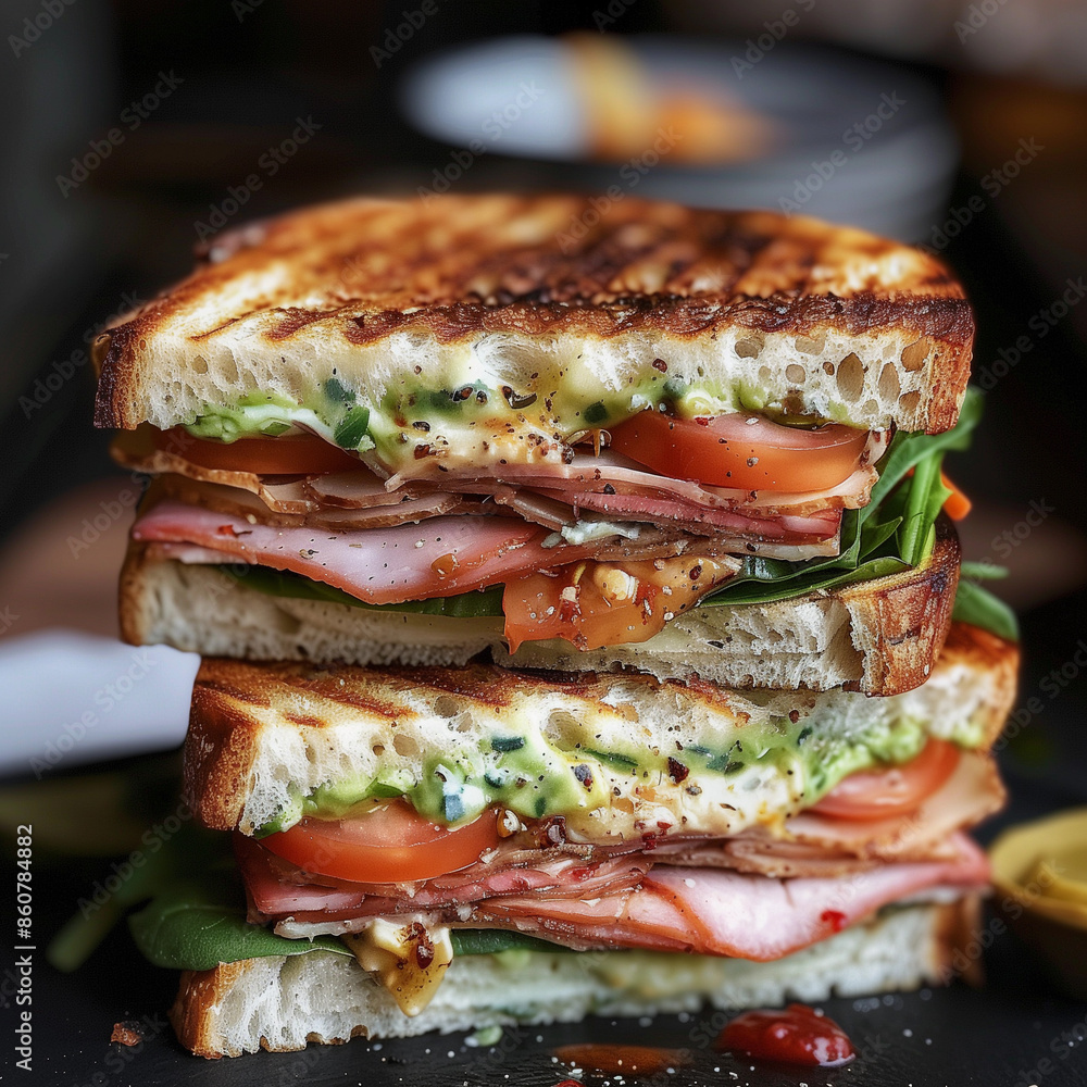 A sandwich with ham, lettuce, and tomato is cut in half A sandwich with ham, lettuce, and tomato is cut in half