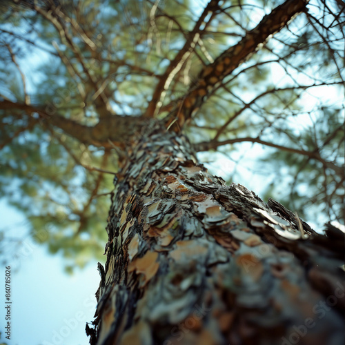 A tree trunk with a lot of bark and a few leaves