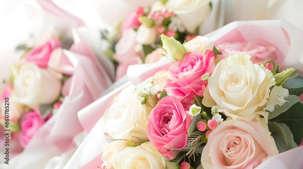 Obraz premium Wedding bouquets in pink and white wrapping paper Selective focus Closeup : Generative AI