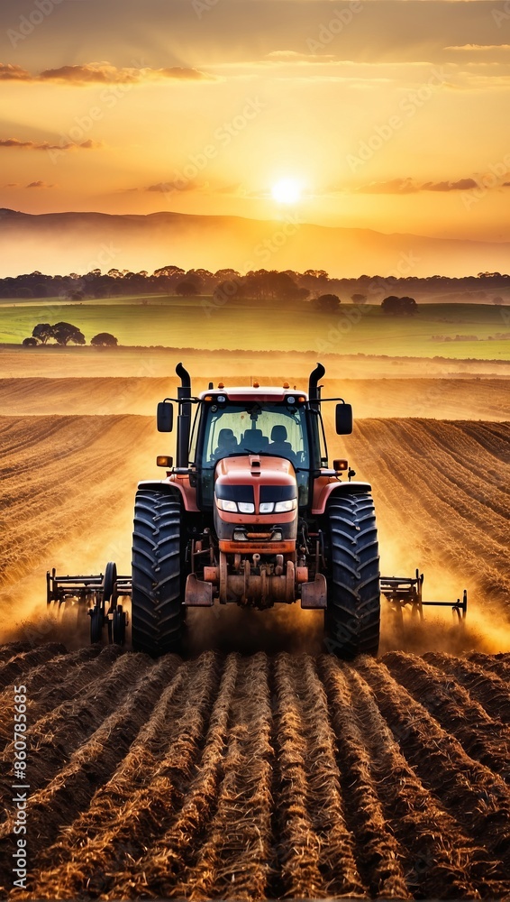 Fototapeta premium sunset, tractor plows fields, marking end of day of hard work under beautiful horizon