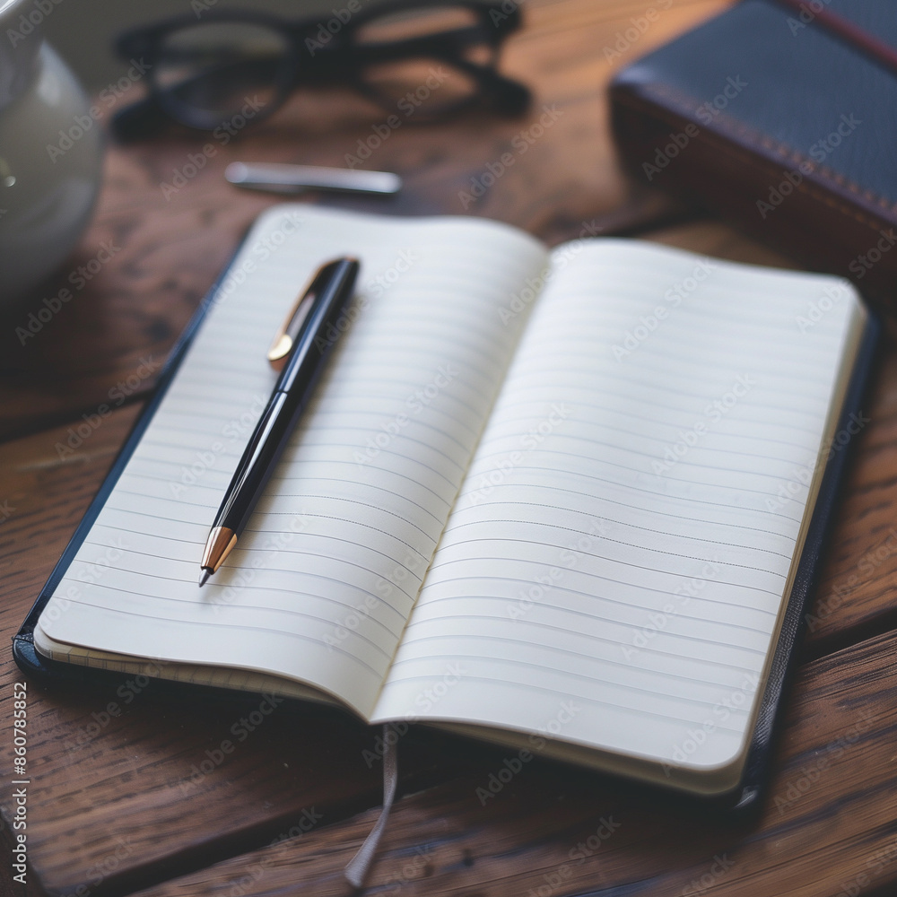 A pen is sitting on a notebook with the pages open A pen is sitting on a notebook with the pages open