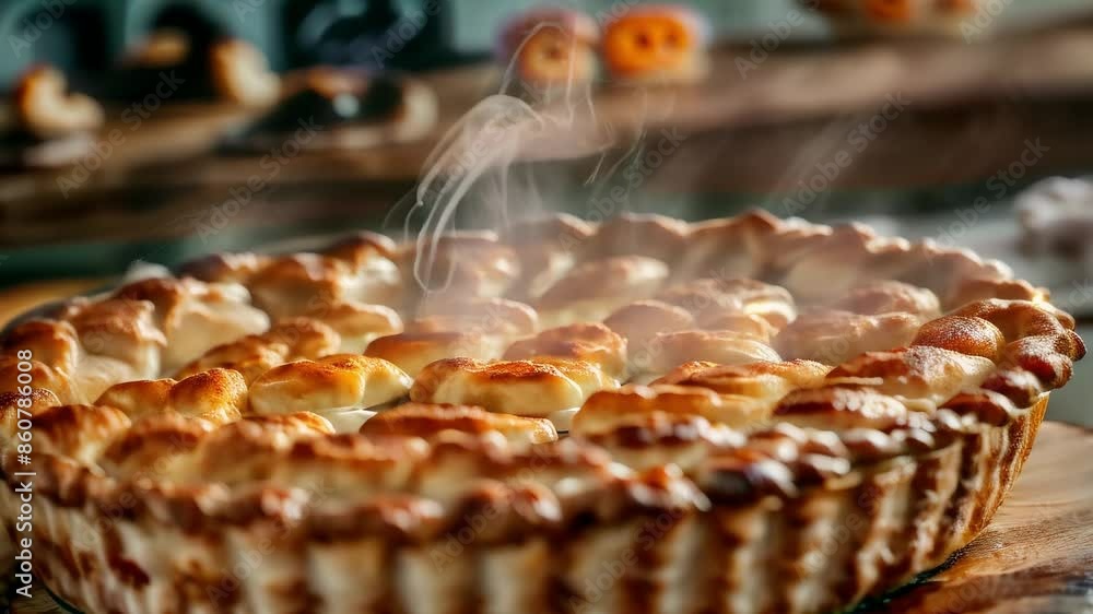 In this image, a pie sits on a wooden cutting board on a table, showcasing delicious baked goods
In this image, a pie sits on a wooden cutting board on a table, showcasing delicious baked goods