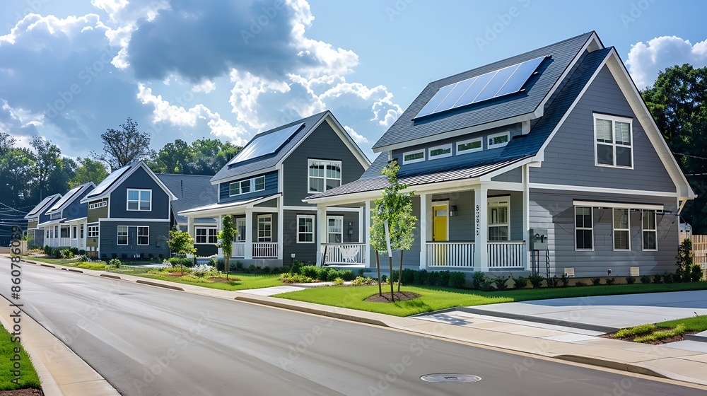 series of energy-efficient homes in a sustainable living community, each featuring fiber cement siding with integrated solar panels for a clean, modern look and reduced energy footprint series of energy-efficient homes in a sustainable living community, each featuring fiber cement siding with integrated solar panels for a clean, modern look and reduced energy footprint