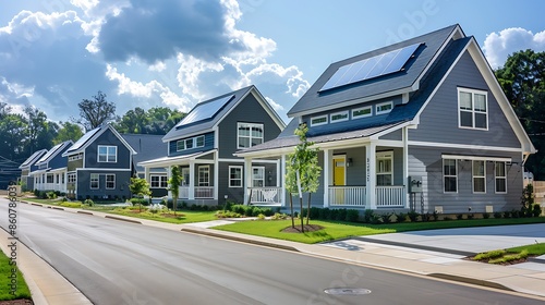 series of energy-efficient homes in a sustainable living community, each featuring fiber cement siding with integrated solar panels for a clean, modern look and reduced energy footprint