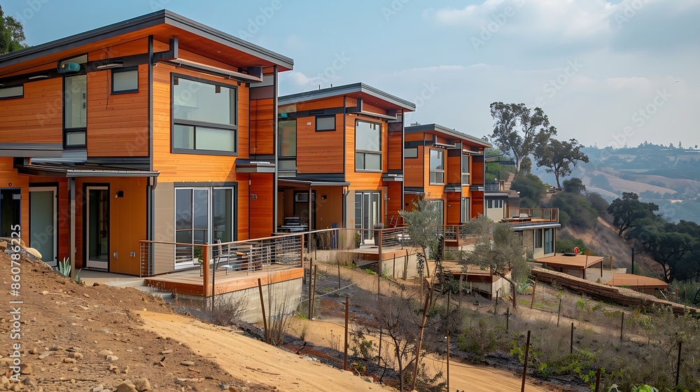 Obraz premium series of hillside homes threatened by wildfires, now retrofitted with fire-resistant fiber cement siding to provide greater safety and peace of mind for residents