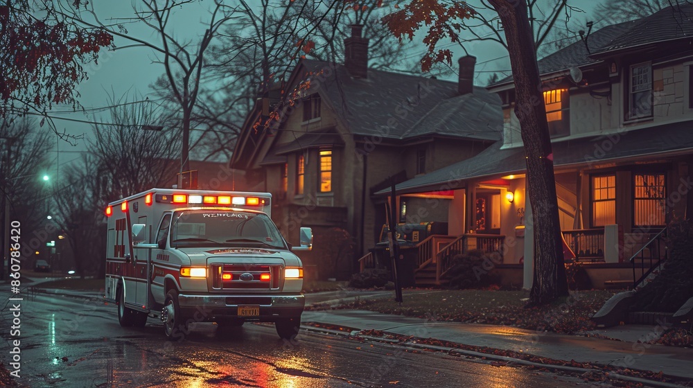 Obraz premium Ambulance Driving On Residential Street At Night
