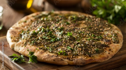 Sample some of our delicious homemade zaatar manakeesh. This traditional Lebanese dish is made with pita bread and our unique blend of spices and herbs on top. photo