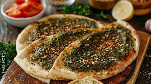 Sample some of our delicious homemade zaatar manakeesh. This traditional Lebanese dish is made with pita bread and our unique blend of spices and herbs on top. photo