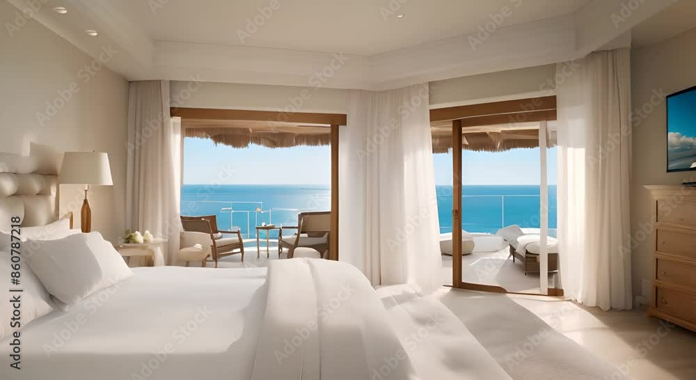 Bright and airy bedroom with white linens and curtains overlooking a sunny ocean view through open doors 4k Bright and airy bedroom with white linens and curtains overlooking a sunny ocean view through open doors 4k