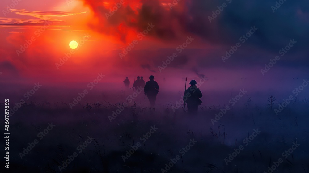 Fototapeta premium Battlefield at dawn, the silhouettes of fallen soldiers barely visible through the morning mist