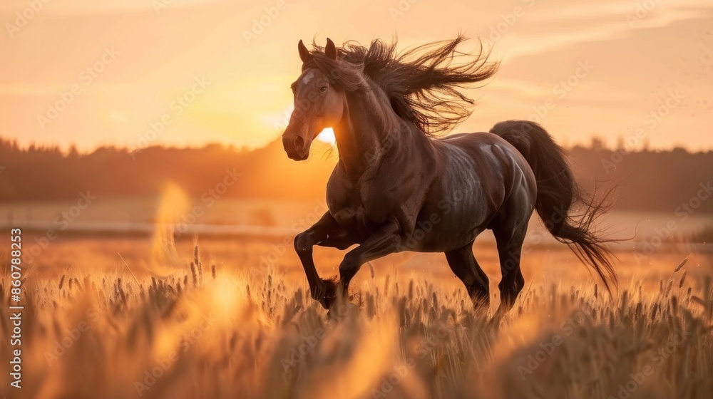 Black Stallion Running Through Golden Field at Sunset Black Stallion Running Through Golden Field at Sunset