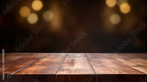 A detailed close-up of a wooden surface, beautifully grainy and textured, is captured with enchanting bokeh lights in the blurry background adding warmth and depth to the image. photo