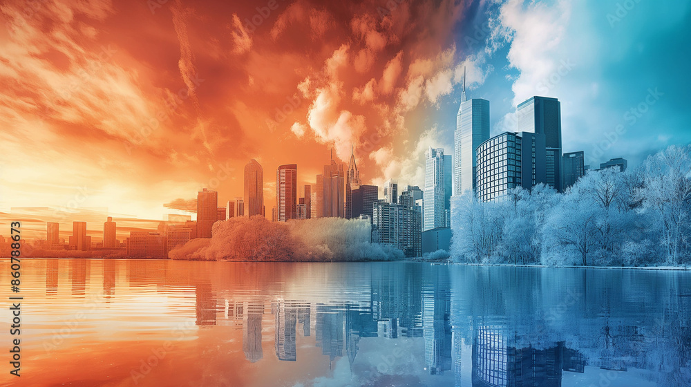 City skyline with dramatic sky, illustrating climate change impact. City skyline with dramatic sky, illustrating climate change impact.