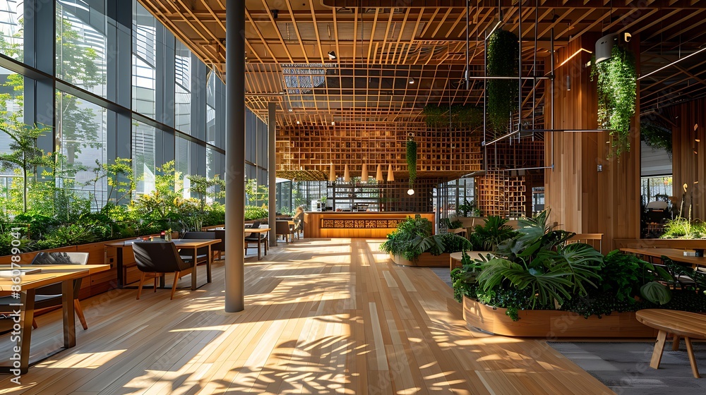 Fototapeta premium sustainable co-working space with a dynamic wooden facade that adjusts to the suna??s position, maximizing natural light and energy efficiency