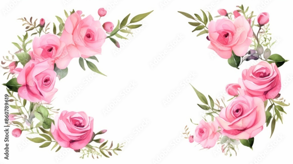 A delicate and beautiful watercolor illustration of pink roses and green leaves arranged to form an elegant floral frame, perfect for romantic and serene art designs. A delicate and beautiful watercolor illustration of pink roses and green leaves arranged to form an elegant floral frame, perfect for romantic and serene art designs.