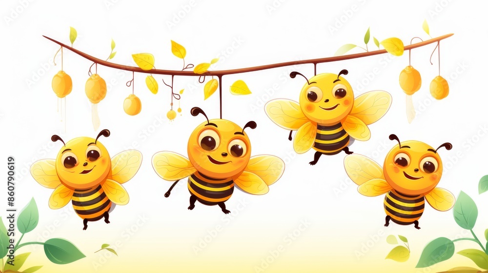 An illustration of bees with cheerful expressions swinging from branches with yellow leaves, creating a joyful and vibrant scene. Perfect for children’s content. An illustration of bees with cheerful expressions swinging from branches with yellow leaves, creating a joyful and vibrant scene. Perfect for children’s content.