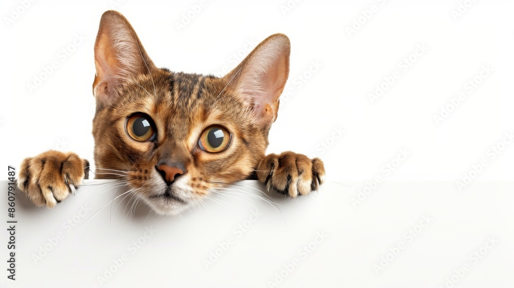 Obraz premium A curious cat is peeking over a white surface, its front paws and head visible, with a focused and endearing expression that captures the viewer's heart.
