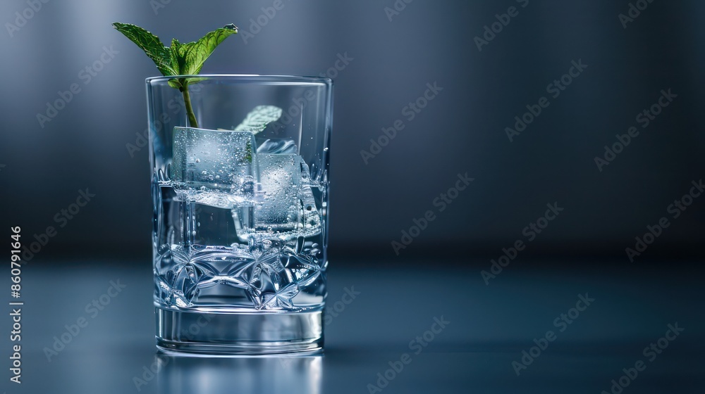 A highball glass with a simple clear drink, a sprig of mint resting on the rim A highball glass with a simple clear drink, a sprig of mint resting on the rim