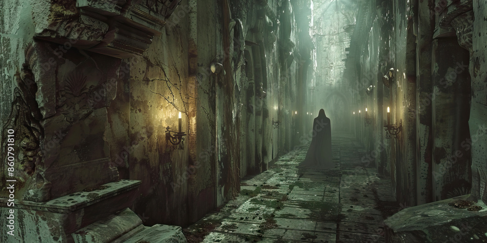 A ghostly figure drifting silently through an ancient, stone-walled corridor, with flickering torches casting eerie shadows A ghostly figure drifting silently through an ancient, stone-walled corridor, with flickering torches casting eerie shadows