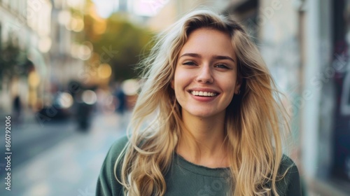 A cheerful woman with long, blonde hair smiles while standing on a busy city street, with bustling background and focus on her bright expression. © Eleanor Richards