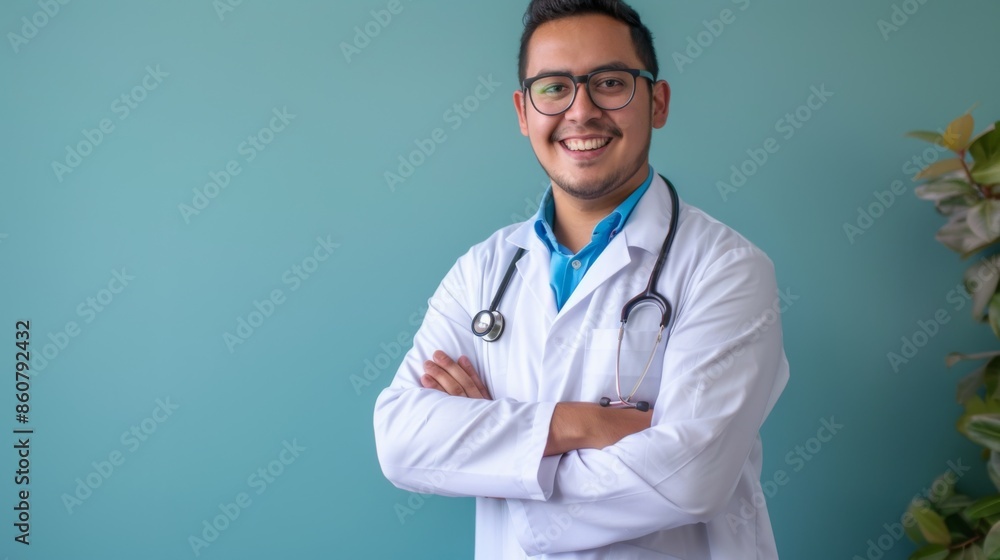 A happy male doctor in a white lab coat, arms crossed, standing indoors with a stethoscope around his neck, representing professionalism and approachability in healthcare. A happy male doctor in a white lab coat, arms crossed, standing indoors with a stethoscope around his neck, representing professionalism and approachability in healthcare.