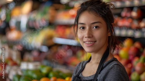 Close up portrait of a female grocery store employee with a smile on her face standing in the supermarket surrounded by fruits on the shelf.
