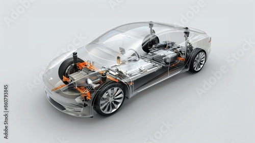 A car is shown in a 3D model, with its engine and other parts visible. The orange color of the car gives it a futuristic and sleek appearance AI generated