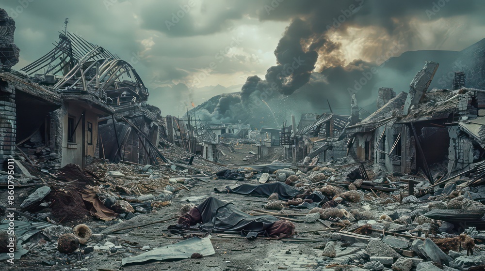 A ruined village with the bodies of soldiers scattered among the debris A ruined village with the bodies of soldiers scattered among the debris